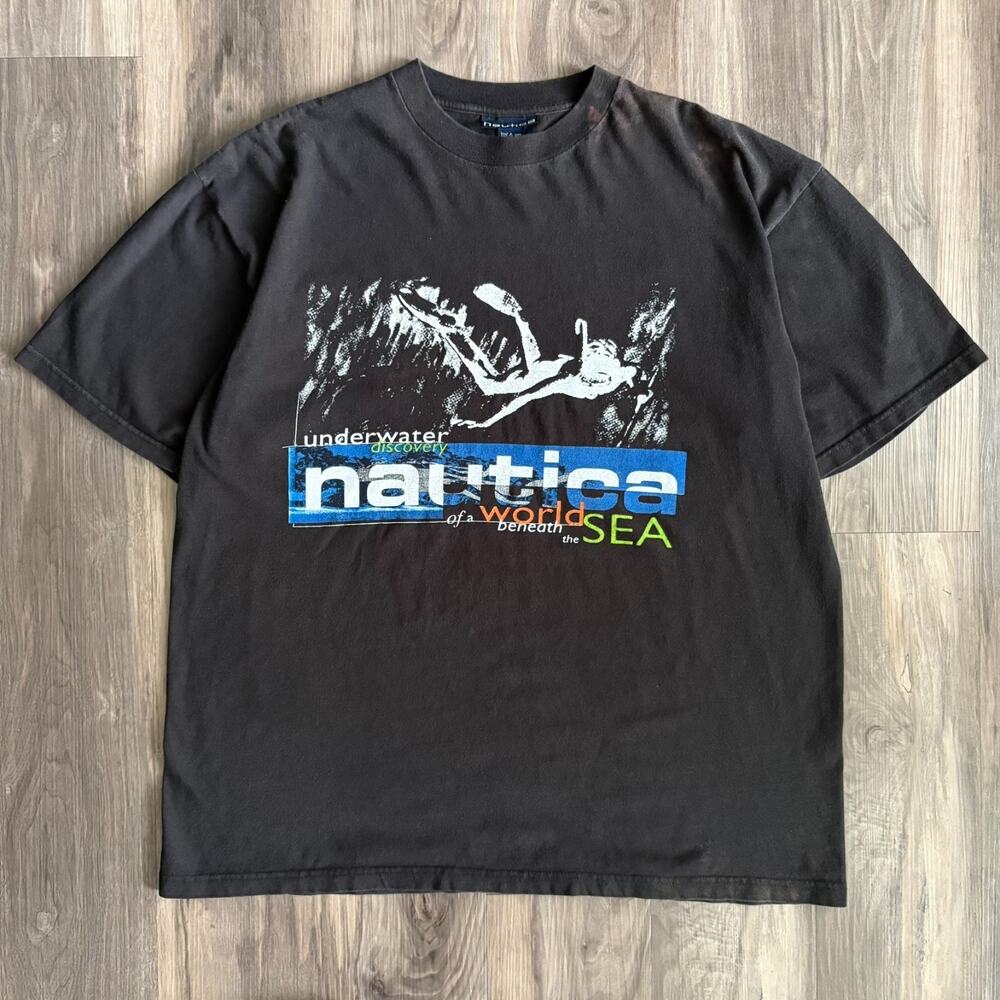Vintage Nautica T-Shirt Mens Size XL USA Made Faded Black 1990s